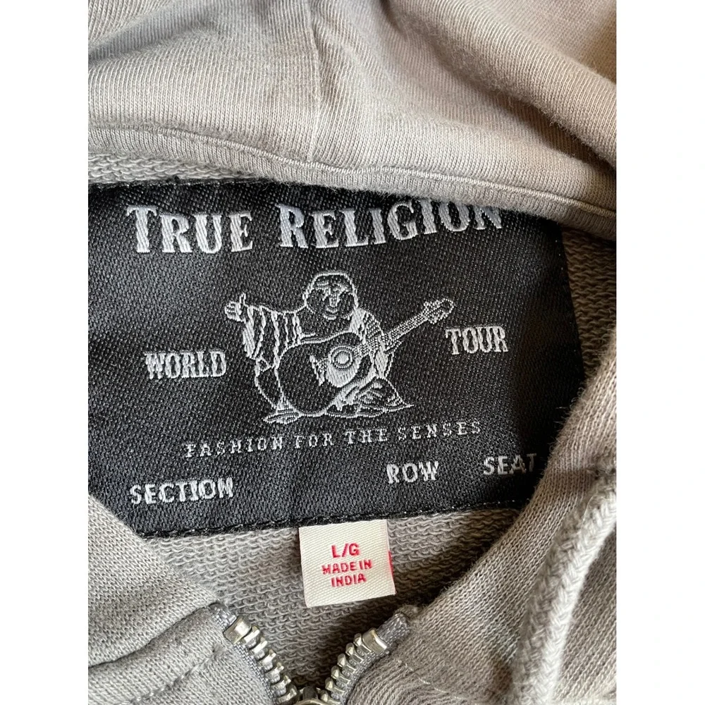 True Religion Mens Gray Moto Embroidered Logo Partial Zip Hoodie Large
